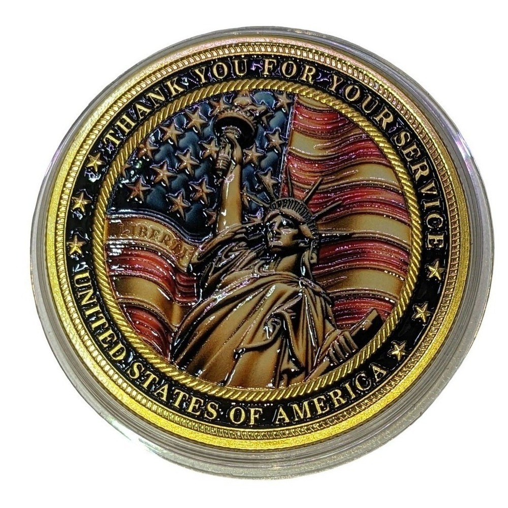 DEFENDERS OF FREEDOM CHALLENGE COIN MILITARY VETERAN TRIBUTE GOLD TONE EXCELLENT